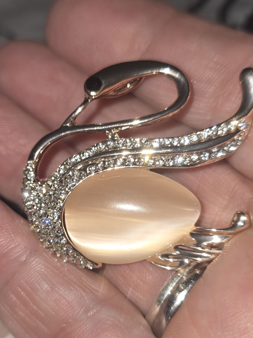 Goldtone Swan Brooch with Champagne MoonStone and Rhinestones